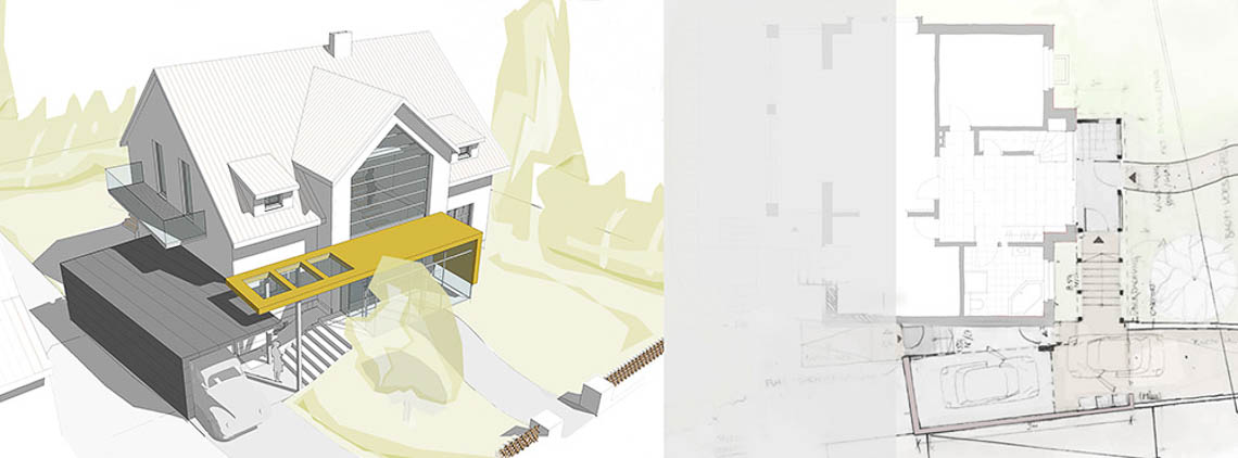 Visualisierung Perspektive Erweiterung mit Dachspange und Grundriss